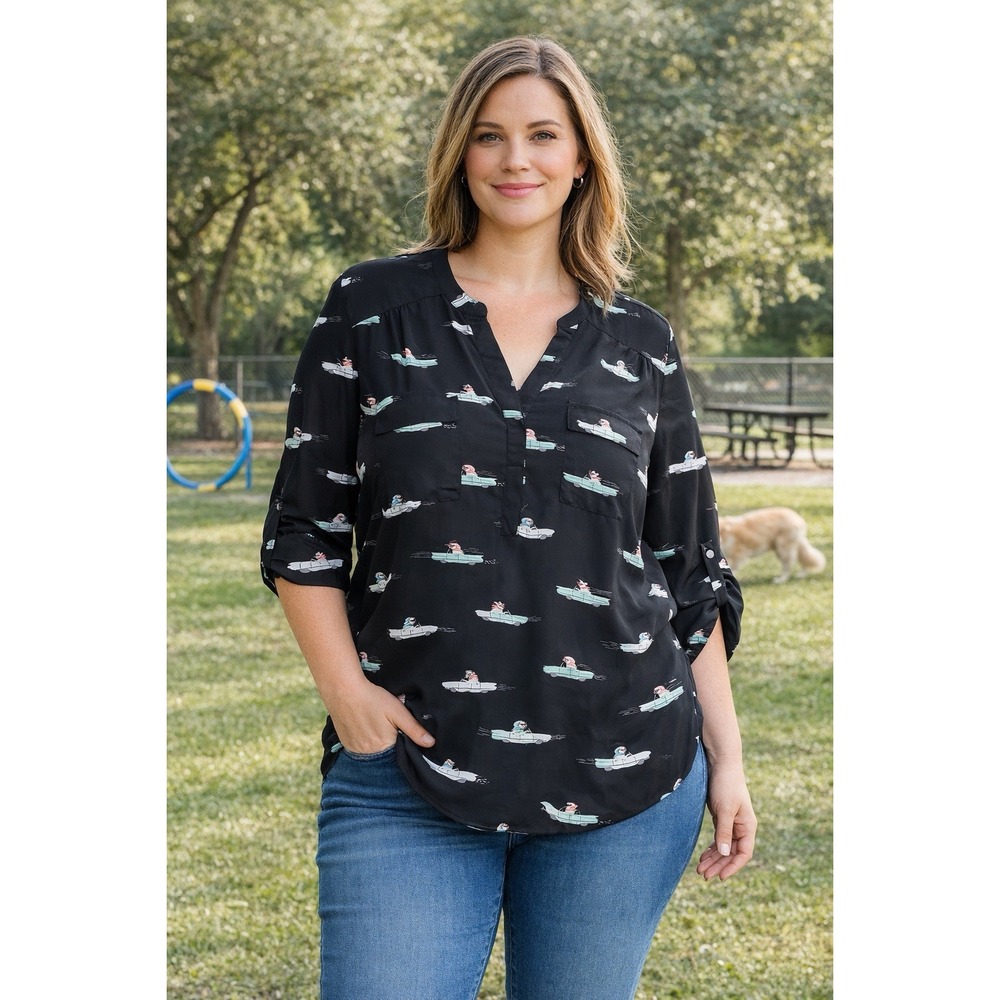 Torrid Harper Blouse Dog Car Print Black Roll Tab Sleeve Top Size 1